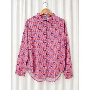 Vintage Segrets Pink Purple Geometric Patchwork Retro Horse Print Boho Blouse
